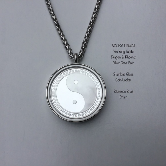 Yin Yang Taijitu Silver Tone Coin & Glass Stainless Locket 60cm Stainless Chain - Picture 1 of 10